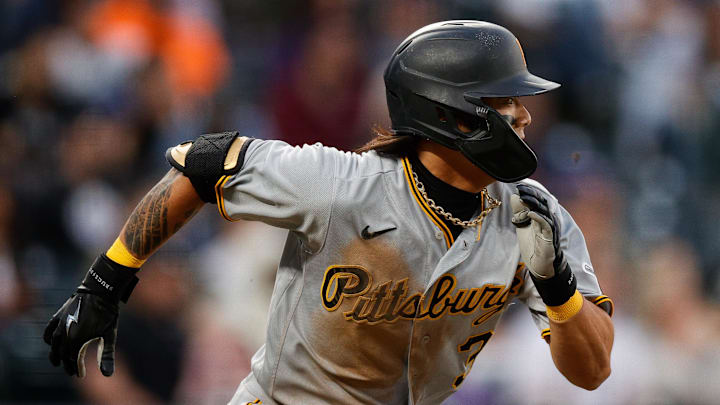 Apr 17, 2023; Denver, Colorado, USA; Pittsburgh Pirates center fielder Ji Hwan Bae (3) runs to first