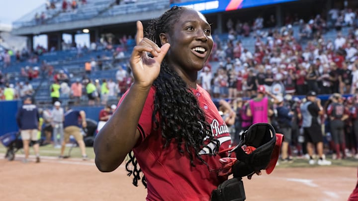 Jun 2, 2025; Oklahoma City, OK, USA;  Texas Tech Red Raiders pitcher NiJaree Canady (24) acknowledges the fans after her team defeated the Oklahoma Sooners 3-2 and advance to play Texas in the finals during the NCAA Softball Women's College World Series semifinal game at Devon Park. Mandatory Credit: Brett Rojo-Imagn Images