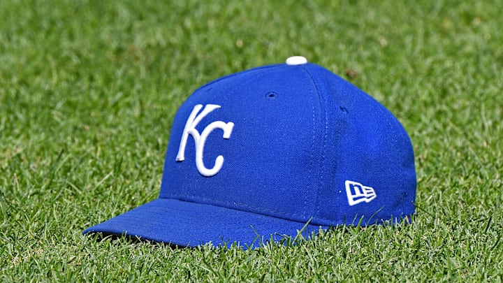 Jul 7, 2018; Kansas City, MO, USA; A genera view of a Kansas City Royals cap on the field, prior to a game against the Boston Red Sox at Kauffman Stadium. Mandatory Credit: Peter G. Aiken/Imagn Images