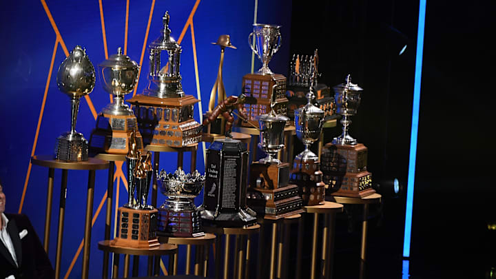 Jun 26, 2023; Nashville, Tennessee, USA; View of the trophys on stage during the 2023 NHL Awards at Bridgestone Arena. Mandatory Credit: Christopher Hanewinckel-Imagn Images Jun 26, 2023; Nashville, Tennessee, USA; View of the trophys on stage during the 2023 NHL Awards at Bridgestone Arena. Mandatory Credit: Christopher Hanewinckel-Imagn Images