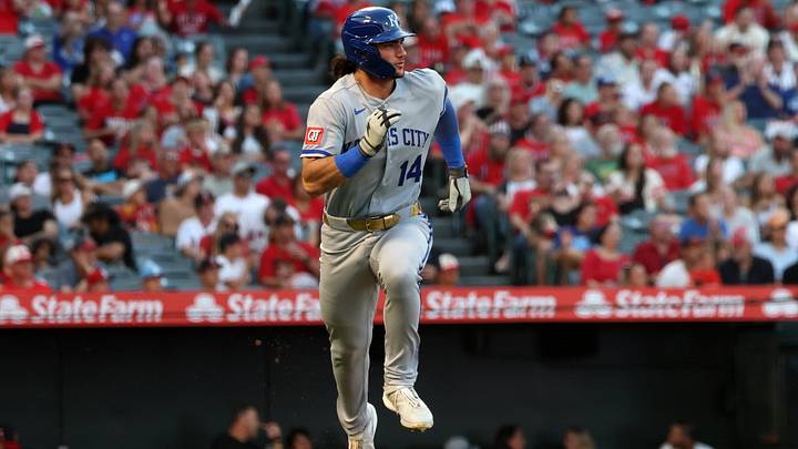 Aug 14, 2026; Anaheim, California, USA; Kansas City Royals first baseman Jac Caglianone (14) hits an RBI single during the third inning against the Los Angeles Angels at Angel Stadium. Mandatory Credit: Kiyoshi Mio-Imagn Images Aug 14, 2026; Anaheim, California, USA; Kansas City Royals first baseman Jac Caglianone (14) hits an RBI single during the third inning against the Los Angeles Angels at Angel Stadium. Mandatory Credit: Kiyoshi Mio-Imagn Images