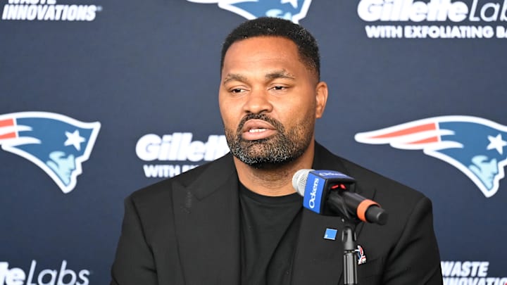 Jan 17, 2024; Foxborough, MA, USA; New England Patriots head coach Jerod Mayo addresses media at a