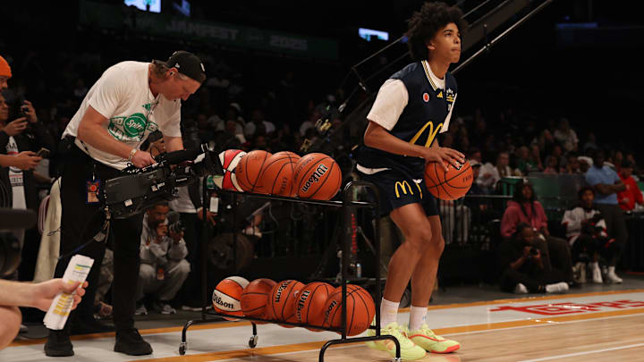 Mar 31, 2025; Brooklyn, New York, USA; McDonald’s All American West guard Mikel Brown Jr. (11) shoots the ball during the three point contest during the Sprite Jam Fest at Barclays Center. Mandatory Credit: Pamela Smith-Imagn Images