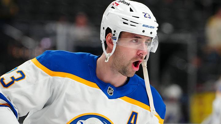 Mar 17, 2026; Las Vegas, Nevada, USA; Buffalo Sabres defenseman Mattias Samuelsson (23) warms up before a game against the Vegas Golden Knights at T-Mobile Arena. Mandatory Credit: Stephen R. Sylvanie-Imagn Images Mar 17, 2026; Las Vegas, Nevada, USA; Buffalo Sabres defenseman Mattias Samuelsson (23) warms up before a game against the Vegas Golden Knights at T-Mobile Arena. Mandatory Credit: Stephen R. Sylvanie-Imagn Images