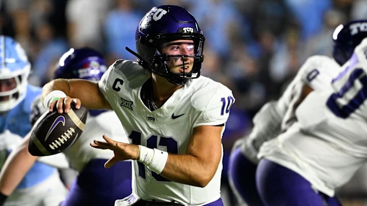 Sep 1, 2025; Chapel Hill, North Carolina, USA; TCU Horned Frogs quarterback Josh Hoover (10) looks to pass in the first quarter at Kenan Stadium. Mandatory Credit: Bob Donnan-Imagn Images