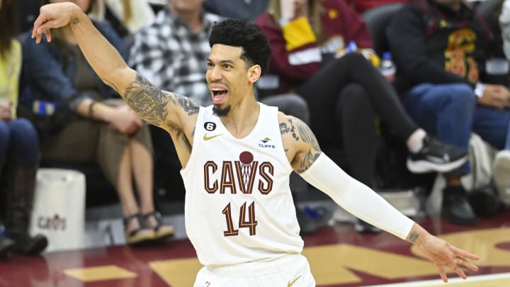 Apr 9, 2023; Cleveland, Ohio, USA; Cleveland Cavaliers forward Danny Green (14) reacts after missing a three-point basket in the fourth quarter against the Charlotte Hornets at Rocket Mortgage FieldHouse. Mandatory Credit: David Richard-USA TODAY Sports