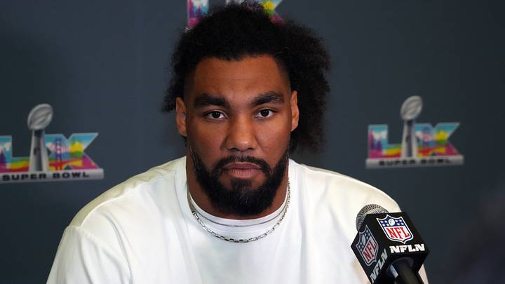 Seattle Seahawks defensive end Leonard Williams (99) speaks to the media at Super Bowl LX press conference.