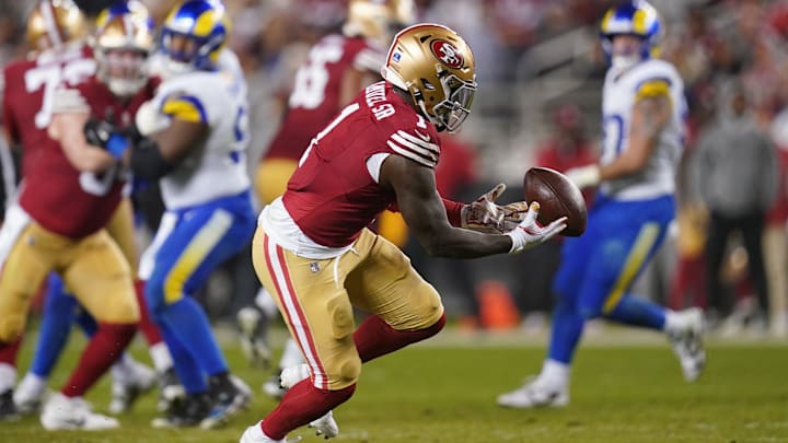 Dec 12, 2024; Santa Clara, California, USA; San Francisco 49ers wide receiver Deebo Samuel Sr. (1) drops the ball after attempting to make a catch against the Los Angeles Rams in the third quarter at Levi's Stadium. Mandatory Credit: Cary Edmondson-Imagn Images