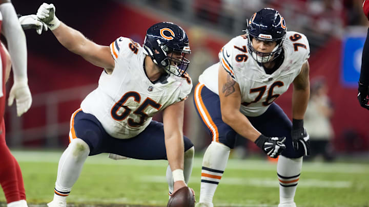 Center Coleman Shelton and guard Teven Jenkins communicate before the snap against the Cardinals. It appears Shelton has done well enough to maintain even after Ryan Bates returns. Center Coleman Shelton and guard Teven Jenkins communicate before the snap against the Cardinals. It appears Shelton has done well enough to maintain even after Ryan Bates returns.