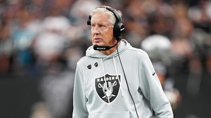 Nov 2, 2025; Paradise, Nevada, USA; The Las Vegas Raiders head coach Pete Carroll looks on during warmups before the game against the Jacksonville Jaguars at Allegiant Stadium. Mandatory Credit: Kirby Lee-Imagn Images