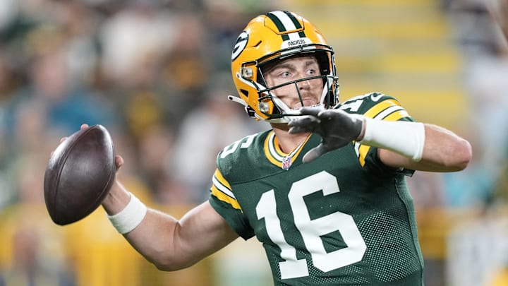 Green Bay Packers quarterback Sean Clifford (16) throws the ball during the second half against the New York Jets at Lambeau Field.