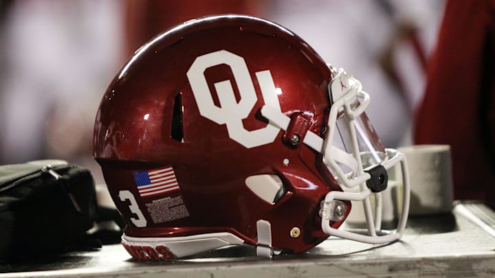 Nov 3, 2018; Lubbock, TX, USA; An Oklahoma Sooners helmet on the sidelines during the game against the Texas Tech Red Raiders at Jones AT&T Stadium.