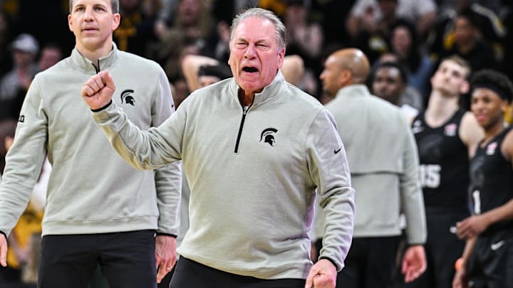 Mar 6, 2025; Iowa City, Iowa, USA; Michigan State Spartans head coach Tom Izzo reacts during the second half against the Iowa Hawkeyes at Carver-Hawkeye Arena. Mandatory Credit: Jeffrey Becker-Imagn Images