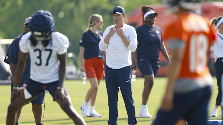 Jul 23, 2025; Lake Forest, IL, USA; Chicago Bears head coach Ben Johnson looks on during training camp at Halas Hall. Mandatory Credit: Kamil Krzaczynski-Imagn Images