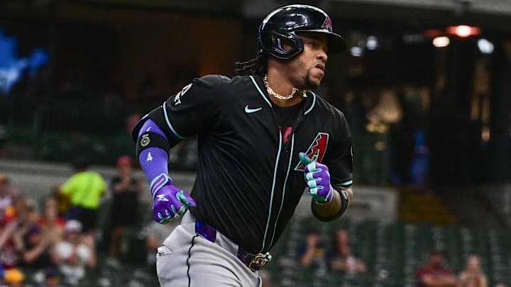 Sep 22, 2024; Milwaukee, Wisconsin, USA; Arizona Diamondbacks second baseman Ketel Marte (4) runs the bases after hitting a solo home run in the first inning against the Milwaukee Brewers at American Family Field. Mandatory Credit: Benny Sieu-Imagn Images Sep 22, 2024; Milwaukee, Wisconsin, USA; Arizona Diamondbacks second baseman Ketel Marte (4) runs the bases after hitting a solo home run in the first inning against the Milwaukee Brewers at American Family Field. Mandatory Credit: Benny Sieu-Imagn Images