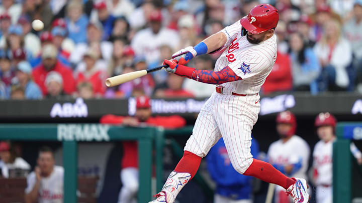 May 9, 2026; Philadelphia, Pennsylvania, USA; Philadelphia Phillies designated hitter Kyle Schwarber (12) hits a three-run home run against the Colorado Rockies in the third inning at Citizens Bank Park. Mandatory Credit: Kyle Ross-Imagn Images