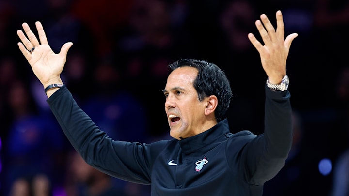 Nov 29, 2025; Miami, Florida, USA; Miami Heat head coach Erik Spoelstra reacts during the second half against the Detroit Pistons at Kaseya Center. Mandatory Credit: Rhona Wise-Imagn Images