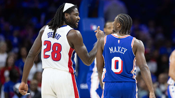 Oct 30, 2024; Philadelphia, Pennsylvania, USA; Detroit Pistons center Isaiah Stewart (28) and Philadelphia 76ers guard Tyrese Maxey (0) have words during the fourth quarter at Wells Fargo Center. Mandatory Credit: Bill Streicher-Imagn Images Oct 30, 2024; Philadelphia, Pennsylvania, USA; Detroit Pistons center Isaiah Stewart (28) and Philadelphia 76ers guard Tyrese Maxey (0) have words during the fourth quarter at Wells Fargo Center. Mandatory Credit: Bill Streicher-Imagn Images