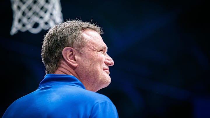 Mar 1, 2025; Lawrence, Kansas, USA; Kansas Jayhawks coach Bill Self prior to the game against the Texas Tech Red Raiders at Allen Fieldhouse. 