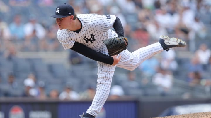 Aug 3, 2024; Bronx, New York, USA; New York Yankees relief pitcher Mark Leiter Jr. (38) follows through on a pitch against the Toronto Blue Jays during the ninth inning at Yankee Stadium. Mandatory Credit: Brad Penner-USA TODAY Sports