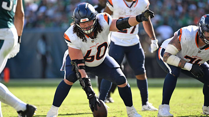Oct 5, 2025; Philadelphia, Pennsylvania, USA; Denver Broncos center Luke Wattenberg (60) against the Philadelphia Eagles at Lincoln Financial Field. 