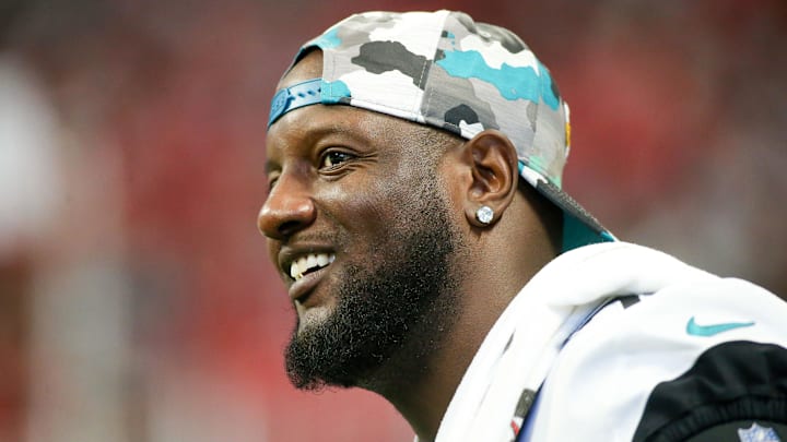 Aug 27, 2022; Atlanta, Georgia, USA; Jacksonville Jaguars offensive tackle Cam Robinson (74) on the sideline against the Atlanta Falcons in the second half at Mercedes-Benz Stadium. Mandatory Credit: Brett Davis-Imagn Images