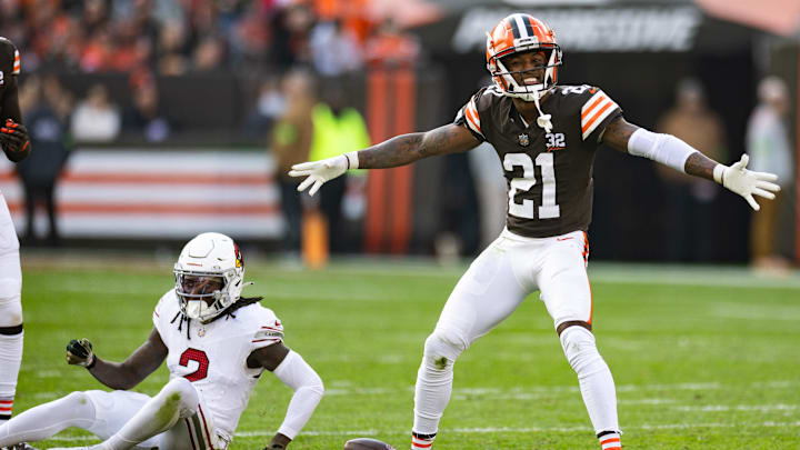 Nov 5, 2023; Cleveland, Ohio, USA; Cleveland Browns cornerback Denzel Ward (21) celebrates his