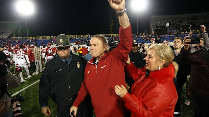 Dec 27, 2024; Memphis, TN, USA; Arkansas Razorbacks head coach Sam Pittman reacts after defeating the Texas Tech Red Raiders at Simmons Bank Liberty Stadium. Mandatory Credit: Petre Thomas-Imagn Images