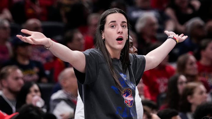 Indiana Fever guard Caitlin Clark reacts to a call from the referee during a game against the Connecticut Sun at Gainbridge Fieldhouse in Indianapolis.