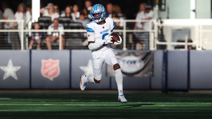 Oct 13, 2024; Arlington, Texas, USA;  Detroit Lions wide receiver Jameson Williams (9) runs with the ball during the second half against the Dallas Cowboys at AT&T Stadium. Mandatory Credit: Kevin Jairaj-Imagn Images