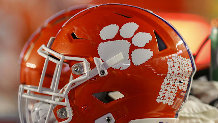 Oct 8, 2022; Chestnut Hill, Massachusetts, USA; The logo of the Clemson Tigers is seen on a football helmet during the second half of the game between the Boston College Eagles and the Clemson Tigers at Alumni Stadium.