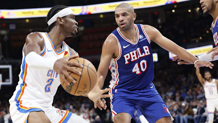 Nov 25, 2023; Oklahoma City, Oklahoma, USA; Philadelphia 76ers forward Nicolas Batum (40) defends a