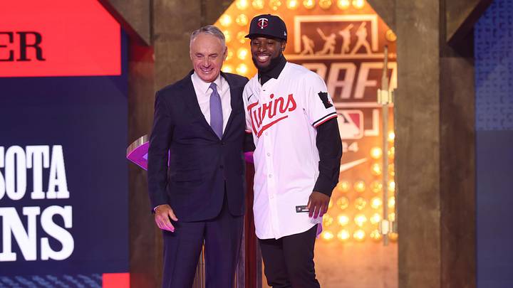 Jul 14, 2024; Ft. Worth, TX, USA;  MLB Commissioner Rob Manfred takes a photo with Kaelen Culpepper after he was drafted by the Minnesota Twins with the 21st pick during the first round of the MLB Draft at Cowtown Coliseum. Mandatory Credit: Kevin Jairaj-Imagn Images