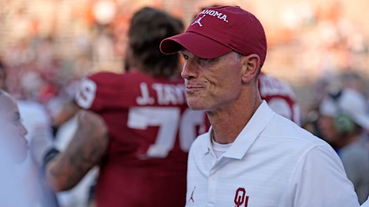 Oklahoma head football coach Brent Venables reacts following the first half of the 2024 Red River Rivalry.