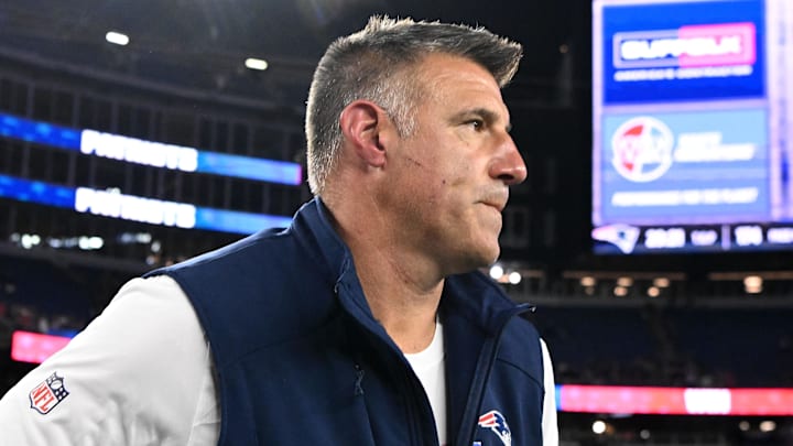 Aug 8, 2025; Foxborough, Massachusetts, USA; New England Patriots head coach Mike Vrabel walks off of the field after a game against the Washington Commanders at Gillette Stadium. Mandatory Credit: Brian Fluharty-Imagn Images