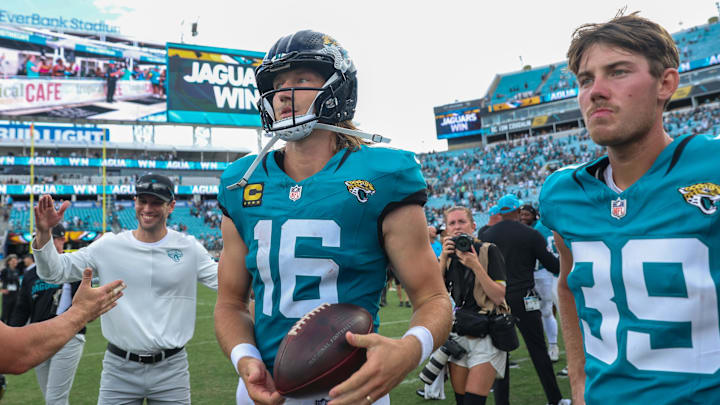 Sep 7, 2025; Jacksonville, Florida, USA; Jacksonville Jaguars quarterback Trevor Lawrence (16) walks to midfield following a game against the Carolina Panthers at EverBank Stadium. Mandatory Credit: Morgan Tencza-Imagn Images Sep 7, 2025; Jacksonville, Florida, USA; Jacksonville Jaguars quarterback Trevor Lawrence (16) walks to midfield following a game against the Carolina Panthers at EverBank Stadium. Mandatory Credit: Morgan Tencza-Imagn Images