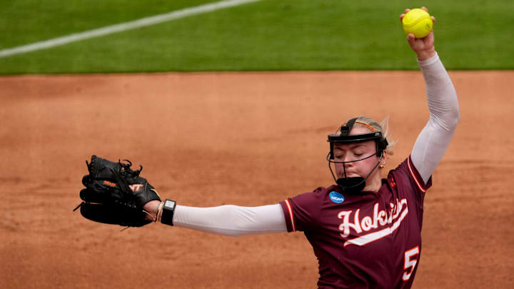 May 17, 2025; Tuscaloosa, AL, USA; Virginia Tech’s Emma Mazzarone makes a pitch against Alabama at Rhoads Stadium. Alabama defeated Virginia Tech 4-3 to advance to the final.