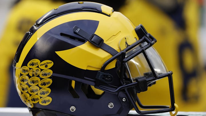 Apr 1, 2023; Ann Arbor, MI, USA;   Michigan Wolverines helmet on the sideline during the Spring Game at Michigan Stadium. Mandatory Credit: Rick Osentoski-Imagn Images