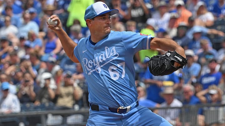 Jun 28, 2025; Kansas City, Missouri, USA;  Kansas City Royals starting pitcher Seth Lugo (67) throws a pitch in the first inning against the Los Angeles Dodgers at Kauffman Stadium. Mandatory Credit: Peter Aiken-Imagn Images