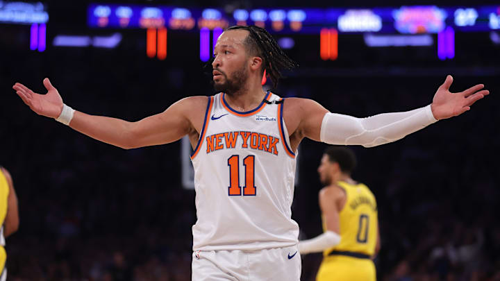 May 29, 2025; New York, New York, USA; New York Knicks guard Jalen Brunson (11) reacts in the first quarter against the Indiana Pacers during game five of the eastern conference finals for the 2025 NBA Playoffs at Madison Square Garden. Mandatory Credit: Brad Penner-Imagn Images