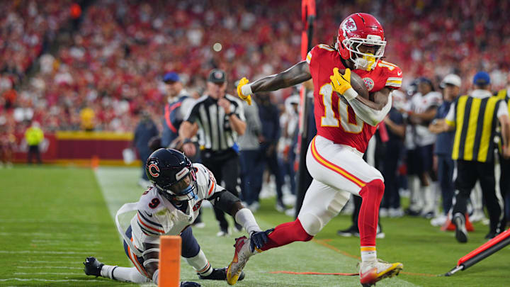 Aug 22, 2025; Kansas City, Missouri, USA; Kansas City Chiefs running back Isiah Pacheco (10) is pushed out of bounds by Chicago Bears safety Jaquan Brisker (9) during the first half at GEHA Field at Arrowhead Stadium. Mandatory Credit: Jay Biggerstaff-Imagn Images