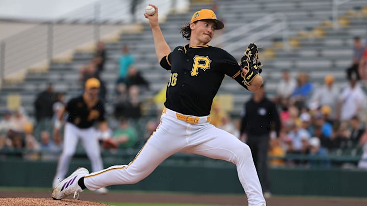 Mar 12, 2026; Bradenton, Florida, USA; Pittsburgh Pirates starting pitcher Bubba Chandler (36) throws a pitch during the first inning against the Atlanta Braves  at LECOM Park. Mandatory Credit: Kim Klement Neitzel-Imagn Images