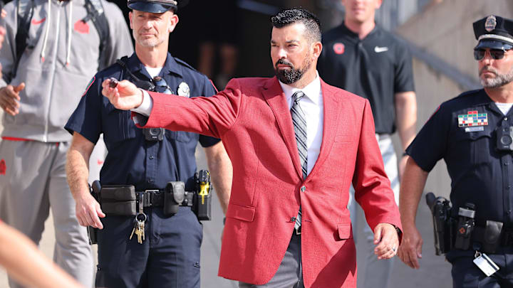 Sep 21, 2024; Columbus, Ohio, USA;  Ohio State Buckeyes head coach Ryan Day takes the field before the game against the Marshall Thundering Herd at Ohio Stadium. Mandatory Credit: Joseph Maiorana-Imagn Images