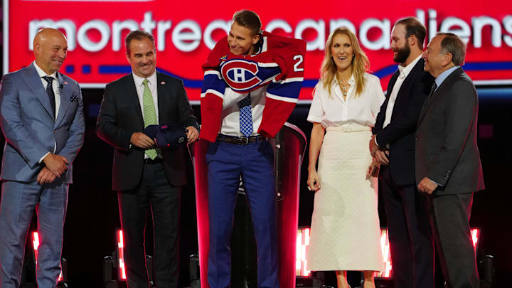 Jun 28, 2024; Las Vegas, Nevada, USA; Ivan Demidov is selected with the 5th overall pick of the first round of the 2024 NHL Draft at The Sphere. Mandatory Credit: Stephen R. Sylvanie-Imagn Images
