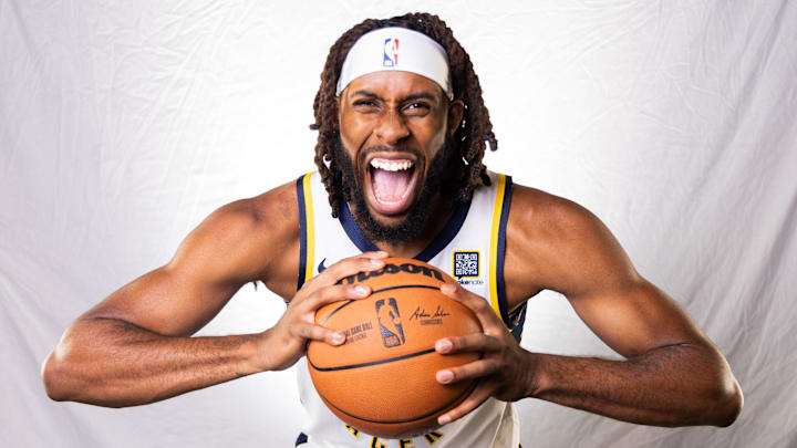 Sep 30, 2024; Indianapolis, IN, USA;  Indiana Pacers forward Isaiah Jackson (22) poses for a photo during 2024 Media day.  Mandatory Credit: Trevor Ruszkowski-Imagn Images