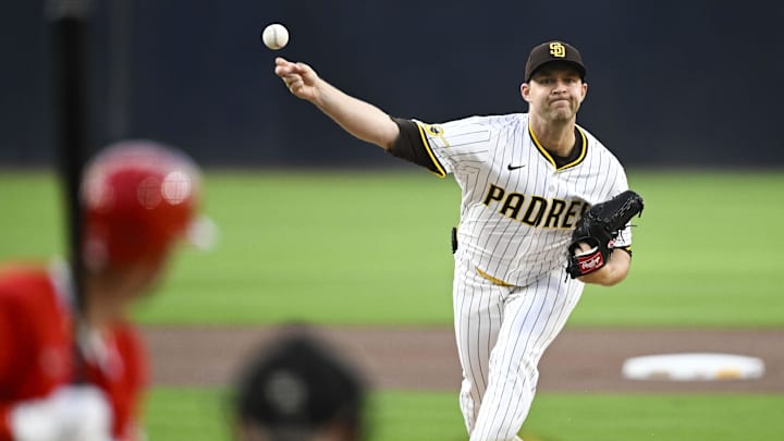 May 12, 2025; San Diego, California, USA; San Diego Padres starting pitcher Michael King (34) delivers during the first inning against the Los Angeles Angels at Petco Park. Mandatory Credit: Denis Poroy-Imagn Images May 12, 2025; San Diego, California, USA; San Diego Padres starting pitcher Michael King (34) delivers during the first inning against the Los Angeles Angels at Petco Park. Mandatory Credit: Denis Poroy-Imagn Images