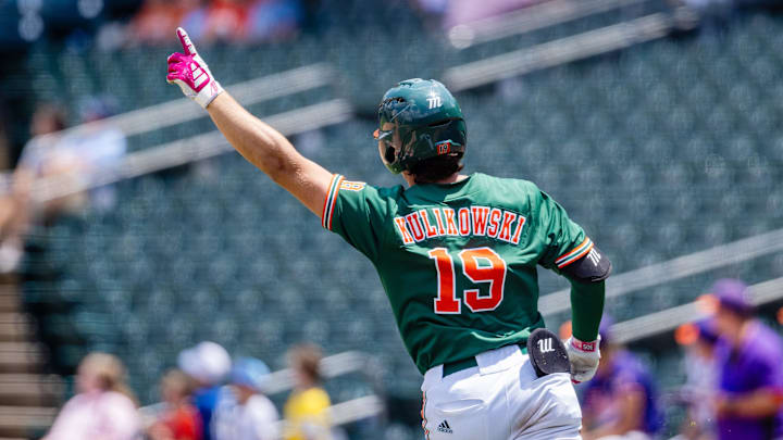 Miami (Fl) Hurricanes outfielder Jake Kulikowski (19) celebrates a home run against the Clemson Tigers in the ninth inning during the ACC Baseball Tournament at Truist Field. Miami (Fl) Hurricanes outfielder Jake Kulikowski (19) celebrates a home run against the Clemson Tigers in the ninth inning during the ACC Baseball Tournament at Truist Field.