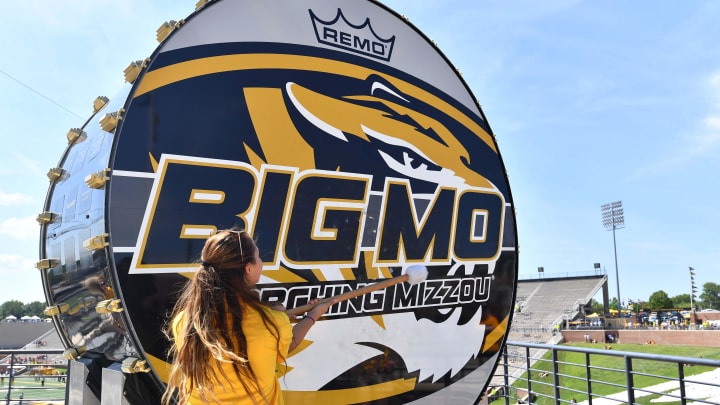 Sep 1, 2018; Columbia, MO, USA; Missouri student Rachael Slabaugh beats the Big Mo drum before the game against the Tennessee Martin Skyhawks at Memorial Stadium/Faurot Field. Mandatory Credit: Denny Medley-USA TODAY Sports