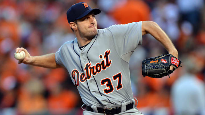 Oct 2, 2014; Baltimore, MD, USA; Detroit Tigers starting pitcher Max Scherzer (37) pitches in game one of the 2014 American League divisional series against the Baltimore Orioles at Oriole Park at Camden Yards.