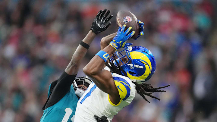 Oct 19, 2025; London, United Kingdom; Los Angeles Rams wide receiver Davante Adams (17) makes a catch against Jacksonville Jaguars wide receiver Travis Hunter (12) during the second half of an NFL International Series game at Wembley Stadium. Mandatory Credit: Kirby Lee-Imagn Images Oct 19, 2025; London, United Kingdom; Los Angeles Rams wide receiver Davante Adams (17) makes a catch against Jacksonville Jaguars wide receiver Travis Hunter (12) during the second half of an NFL International Series game at Wembley Stadium. Mandatory Credit: Kirby Lee-Imagn Images